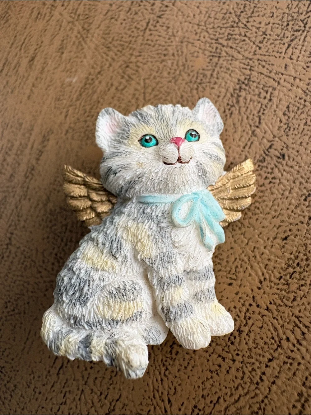 Angel Cat Figurine Brooch with Blue Bow - Pets Cat